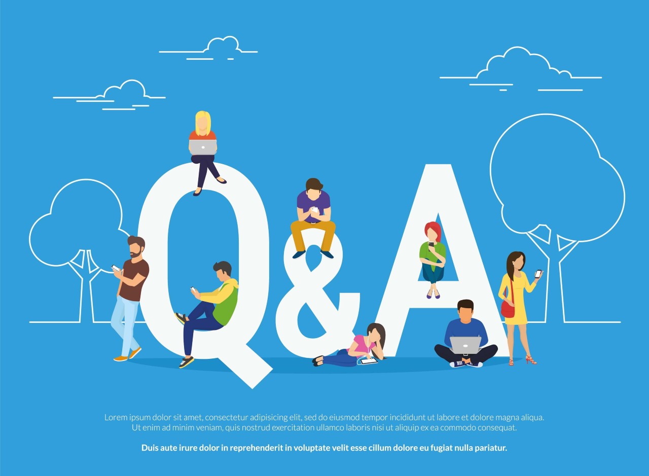Comicartiges Visual von Q&A mit Menschen drumherum